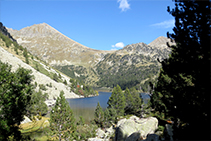 Primera visión del lago Llong entre un claro del bosque.