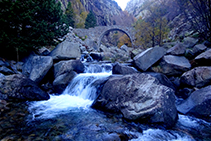 El puente de Cremal visto desde el cauce del río Núria.