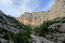 El camino progresa a media ladera entre las paredes de roca y el río Estrets.