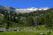 Vistas al macizo de la Maladeta: glaciar de la Maladeta, pico de la Maladeta, pico de la Rimaya, pico Cordier, pico Sayó, pico Mir...