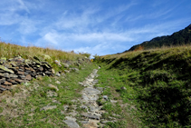 Camino empedrado entre prados.