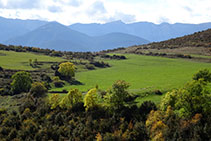 Campos de la casa de Orèn y al fondo la cara norte del Cadí.