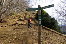 Poste indicador justo en el collado de debajo de la cima del Puigsacalm.