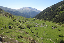 Mirada atrás, al fondo distinguimos el amplio collado del Triador, divisoria de aguas entre la Vall Fosca y el valle de Àssua.